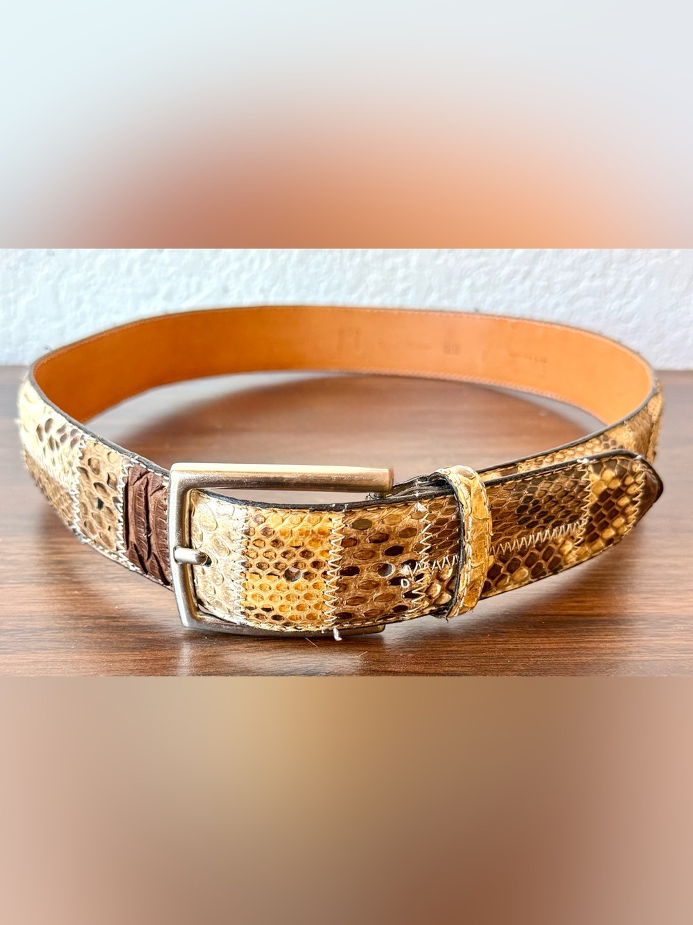 Women's Python Snakeskin Leather Belt in Honey and Tan with Silver Buckle M